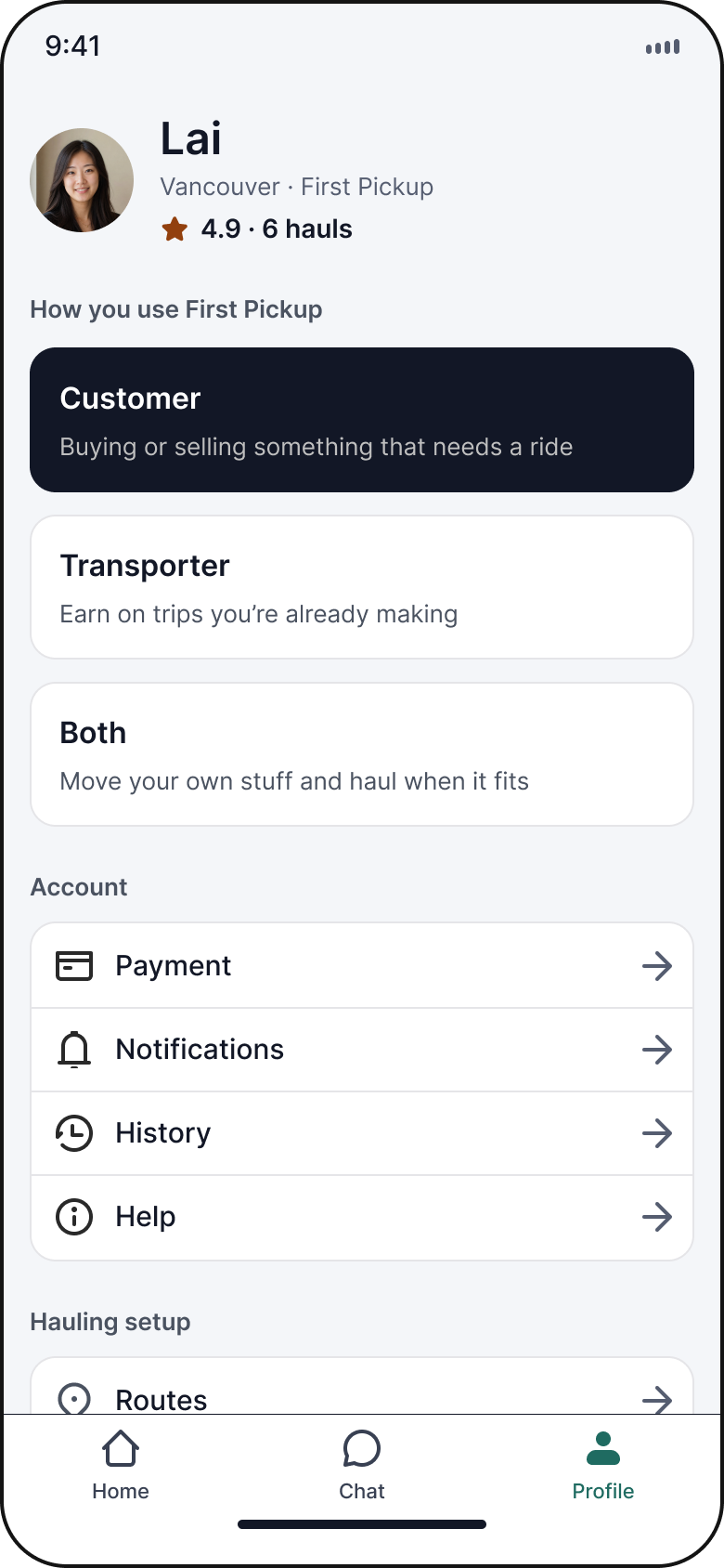 FirstPickup profile screen with route preferences