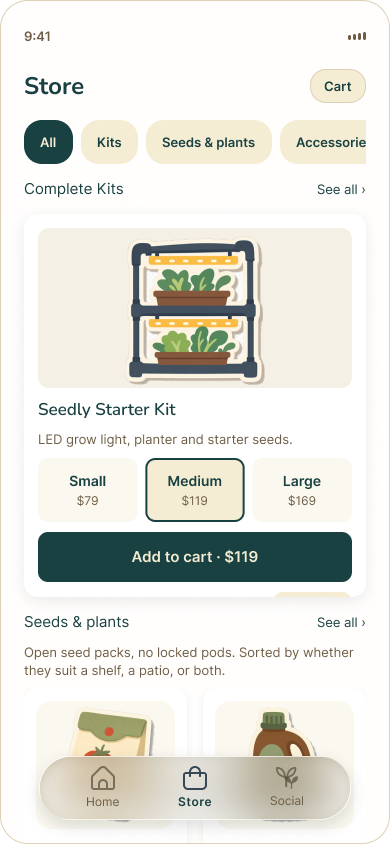 Seedly Store screen with Starter Kit size options