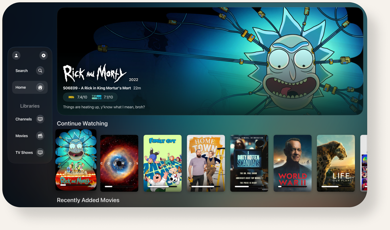 tvPlayer Home in v0.3, sidebar navigation and a poster grid